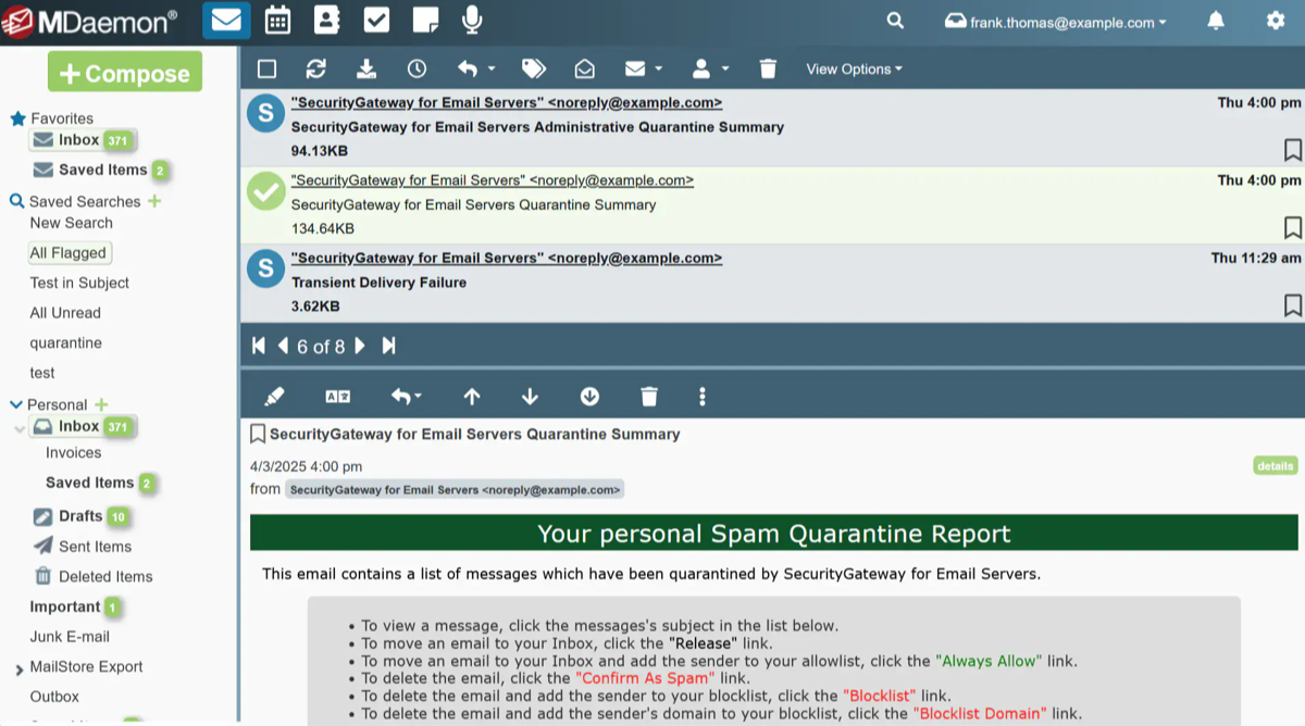 MDaemon Webmail inbox with a message open in the reading pane